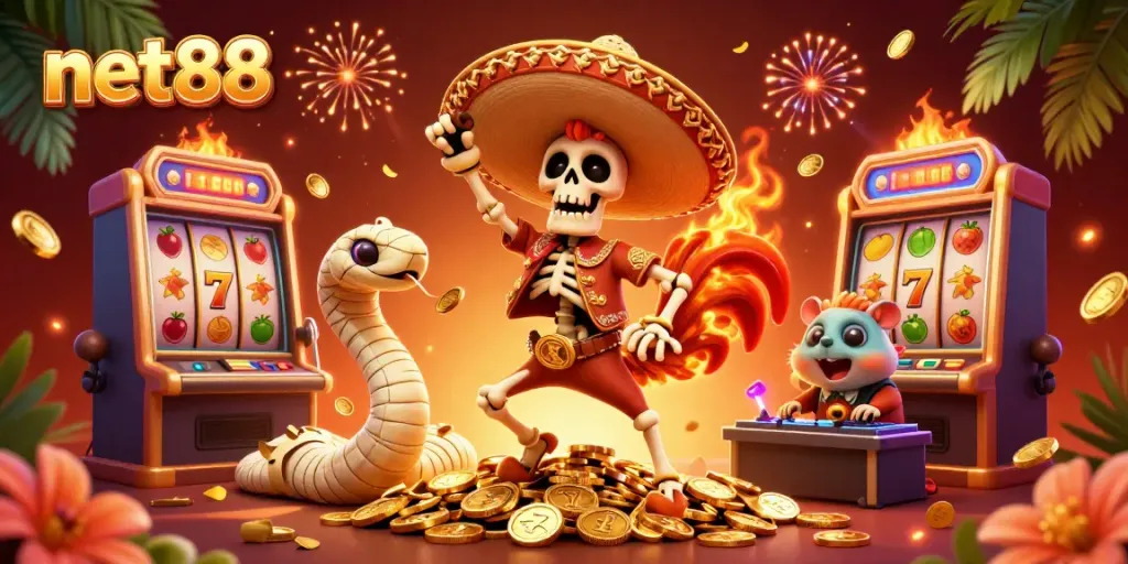 Experience excitement with net88 as lively characters celebrate a jackpot in this colorful casino illustration.
