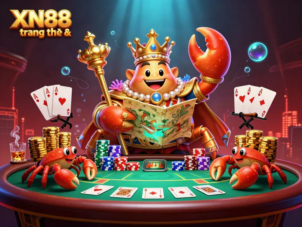 Experience excitement at XN88 trang chủ with a massive golden crab emperor holding treasures amidst vibrant casino elements.