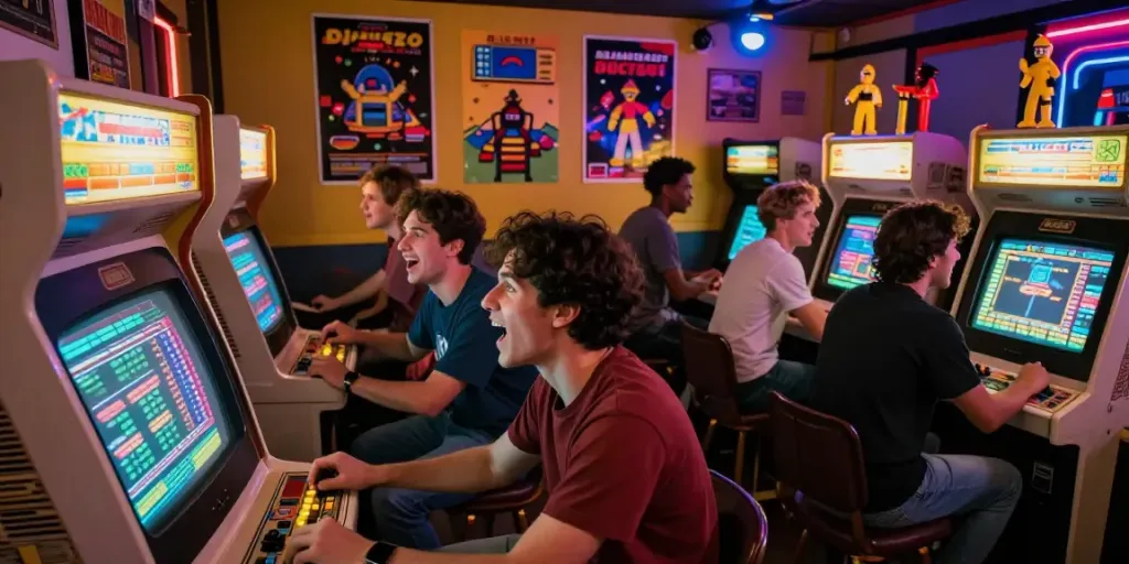 Players enjoying classic arcade games at a vibrant gaming center, evoking nostalgia and excitement around the concept of pecah 404.