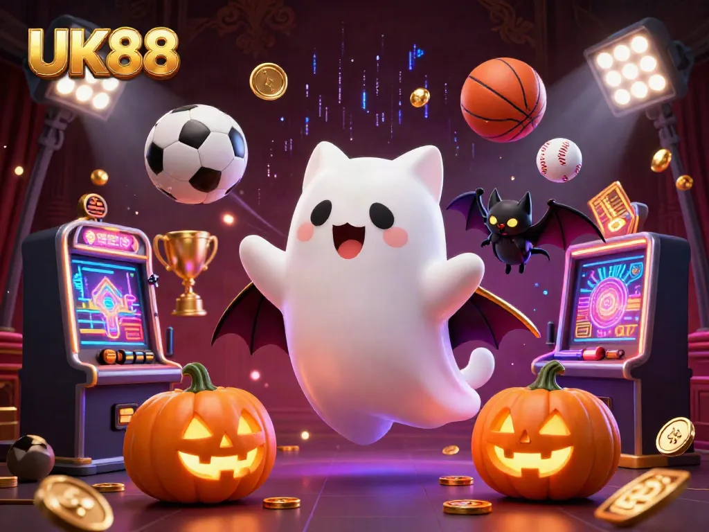 UK88 gamers enjoy a thrilling experience in a haunted casino with a playful cat and bat.
