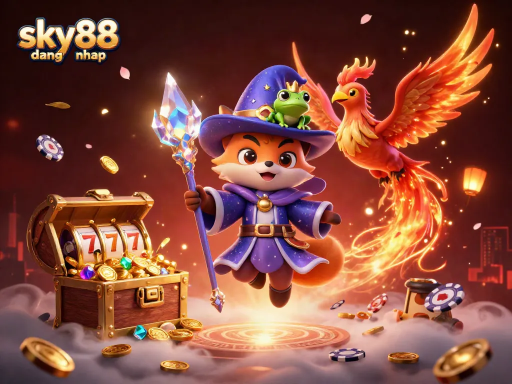 Experience excitement with sky88 dang nhap, featuring a magical scene of a wizard and phoenix amidst slot reels and treasures.