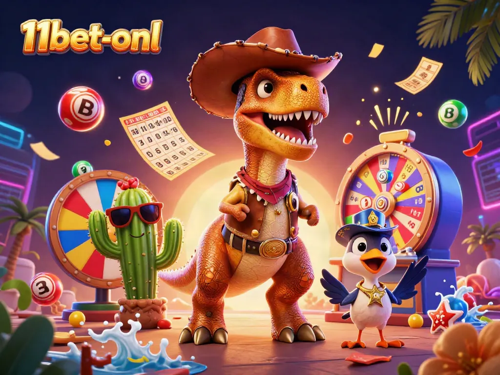 Experience the thrill of 11bet-onl with vibrant lottery elements and animated characters.