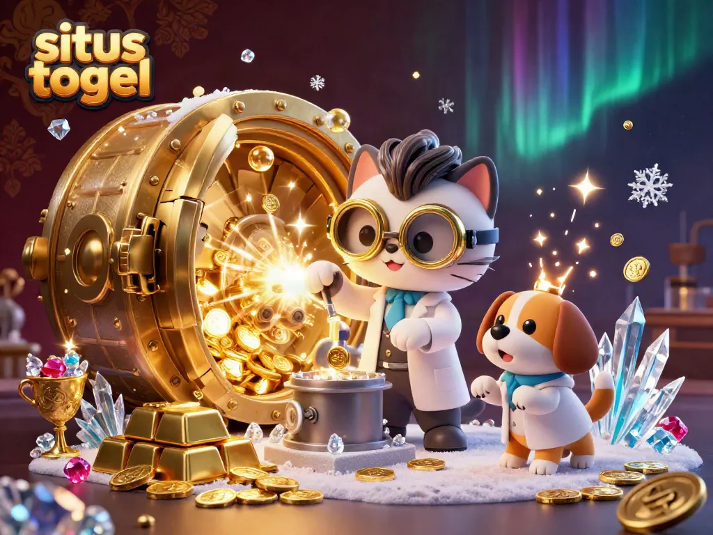 Engage with situs togel through this dynamic illustration showcasing a lab cat and dog surrounded by treasure.