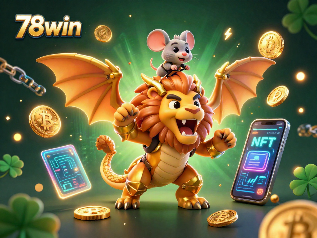 Spin to win at 78win with a triumphant chimera and cryptocurrency elements in a dazzling casino scene.
