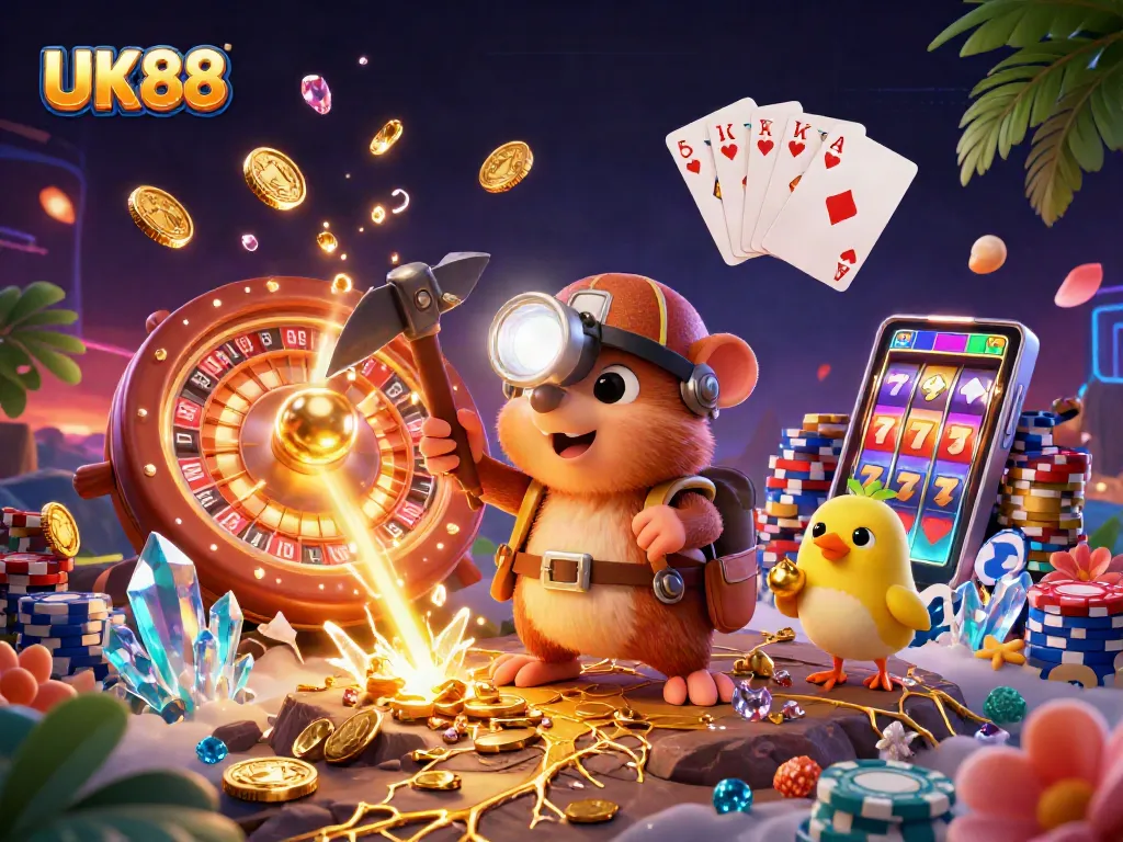 Experience the thrill of UK88 with a vibrant illustration showcasing a treasure hunter mole, glowing gems, and dynamic casino elements.