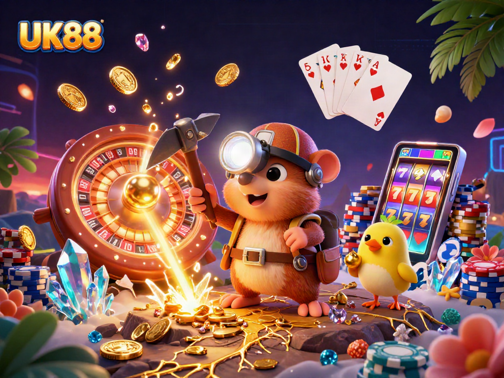Experience the thrill of UK88 with a vibrant illustration showcasing a treasure hunter mole, glowing gems, and dynamic casino elements.