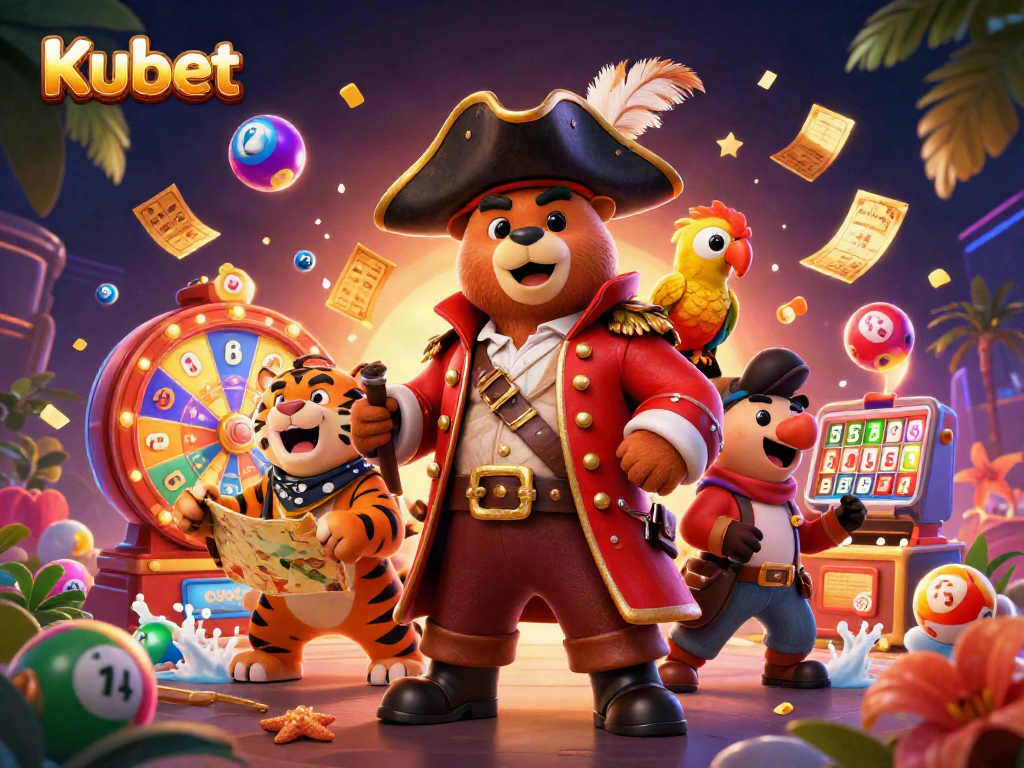 Kubet slots scene featuring a pirate bear and tiger with vibrant gambling elements for an engaging casino atmosphere.