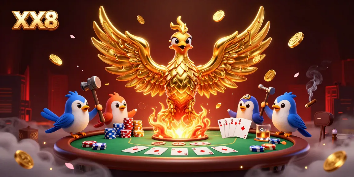 Engage with the thrilling atmosphere of XX8's online casino world featuring gold-rich visuals and poker elements.