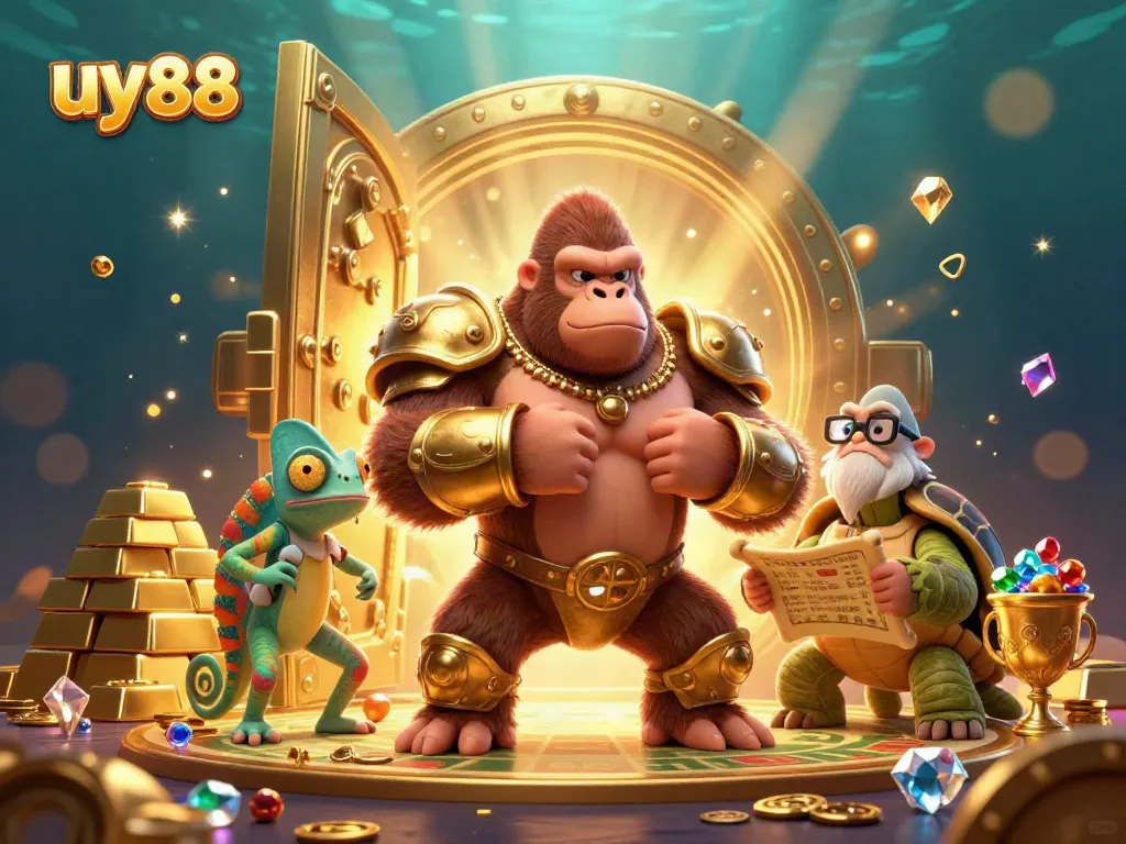 Engage with uy88 gaming world featuring a powerful gorilla king, chameleon spy, and wise tortoise in a vibrant treasure-filled scene.