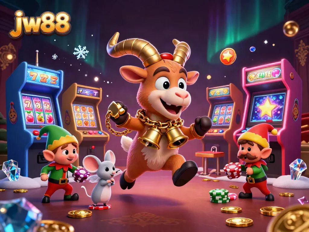 Engage with jw88's thrilling casino scene featuring a Krampus goat with stakes and play in a holiday setting.