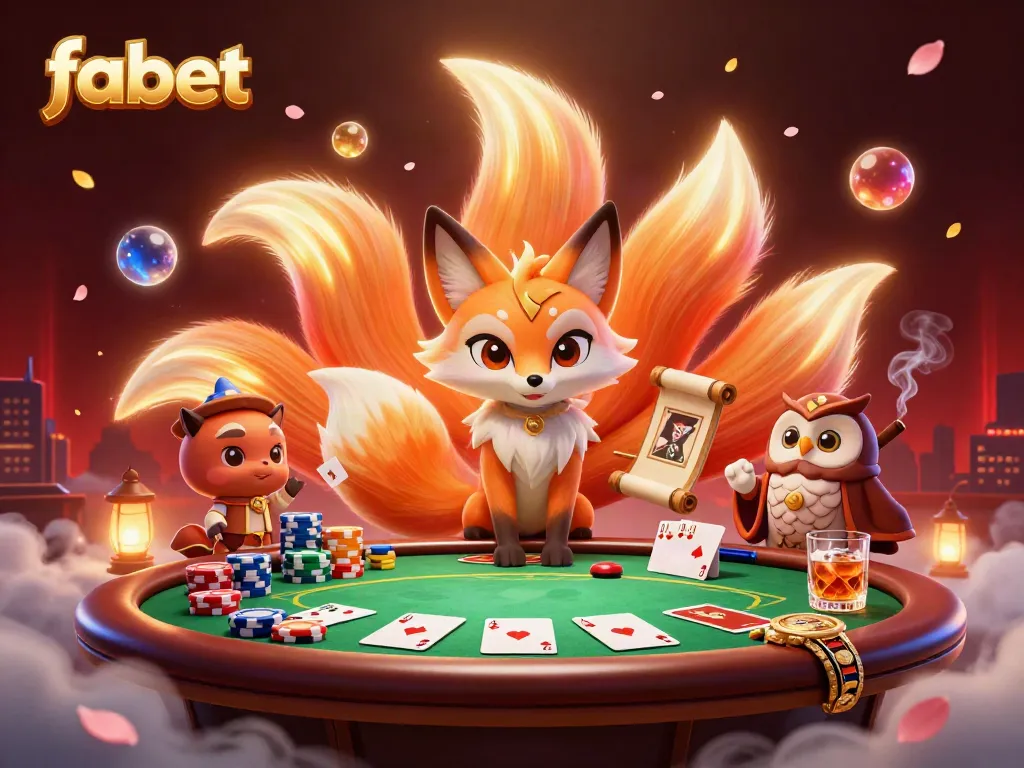Experience exciting poker action with fabet's friendly nine-tailed fox spirit and wise owl sage amid vibrant casino elements.