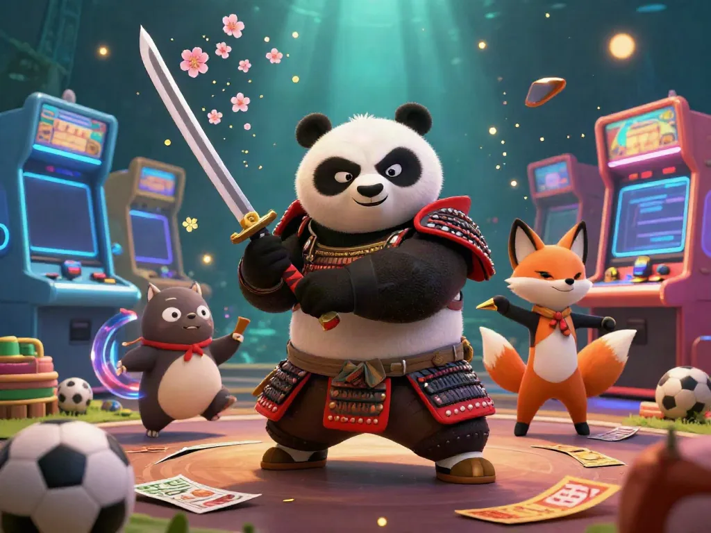 Xem bóng đá xoilac tv features a fierce panda samurai in action, surrounded by vibrant sports betting elements and glowing game machines.