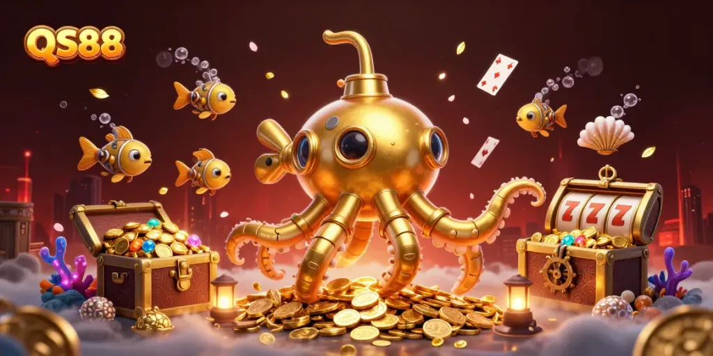 Exciting QS88 casino adventure featuring a golden kraken submarine amidst treasure and slot reels.