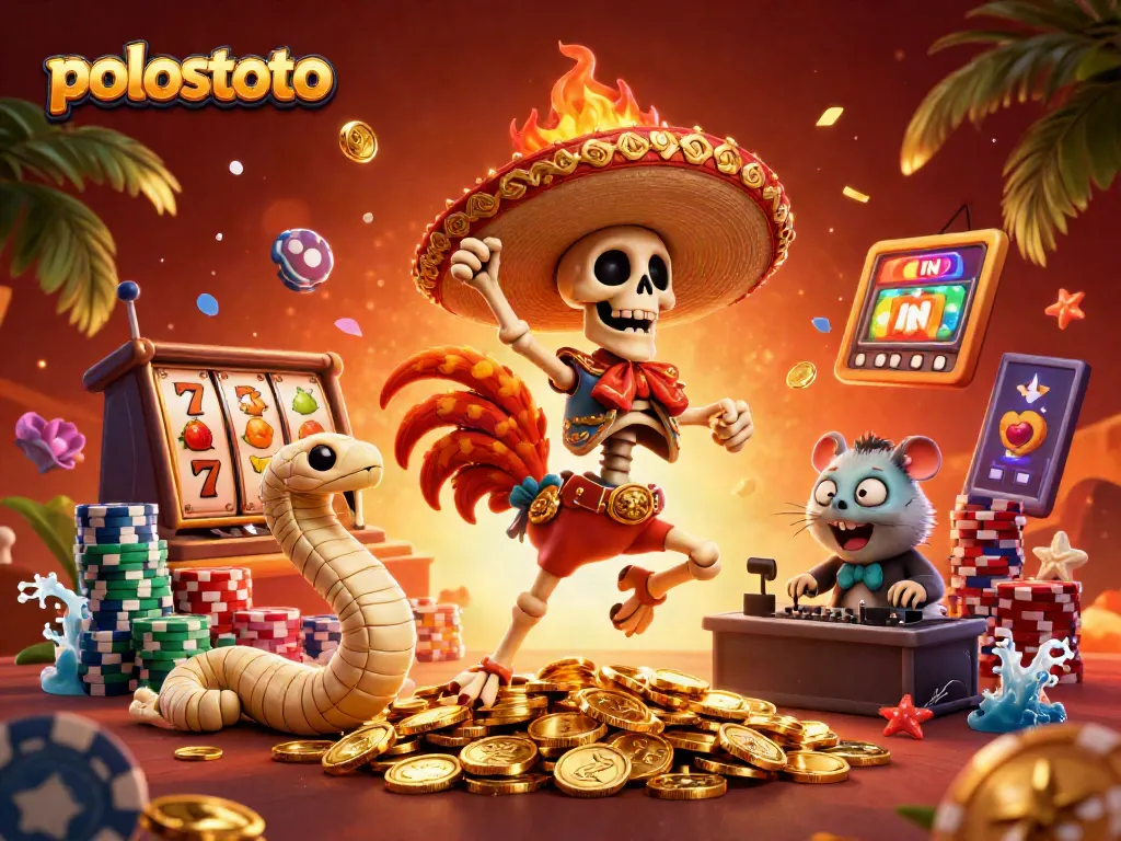Experience the excitement of Polostoto with a vibrant scene of animated characters celebrating jackpot wins amidst dynamic gaming elements.