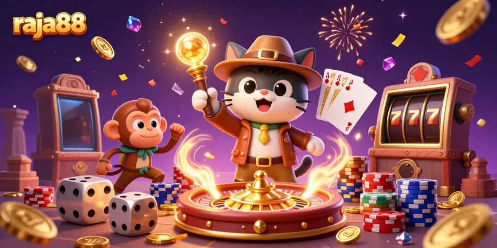 Experience thrilling moments at raja88 as an explorer cat discovers a golden casino artifact surrounded by treasure.