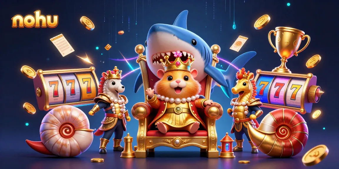 Nohu online casino showcasing a golden hamster king beside treasures and slot symbols, vibrant and rich in details.