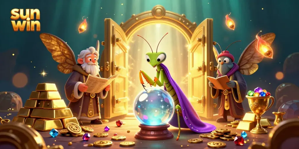 Engage with sun win's mystical 3D scene of fortune and riches featuring fortune tellers and treasures.