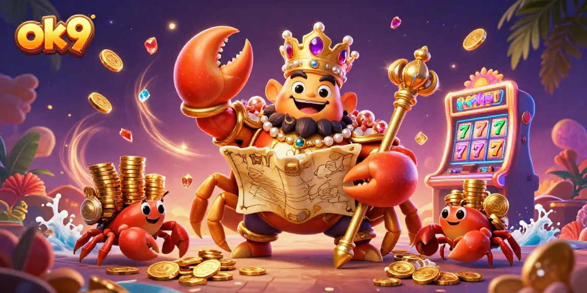 Experience the excitement of ok9 with a golden crab emperor amidst sparkling casino elements and vibrant colors.