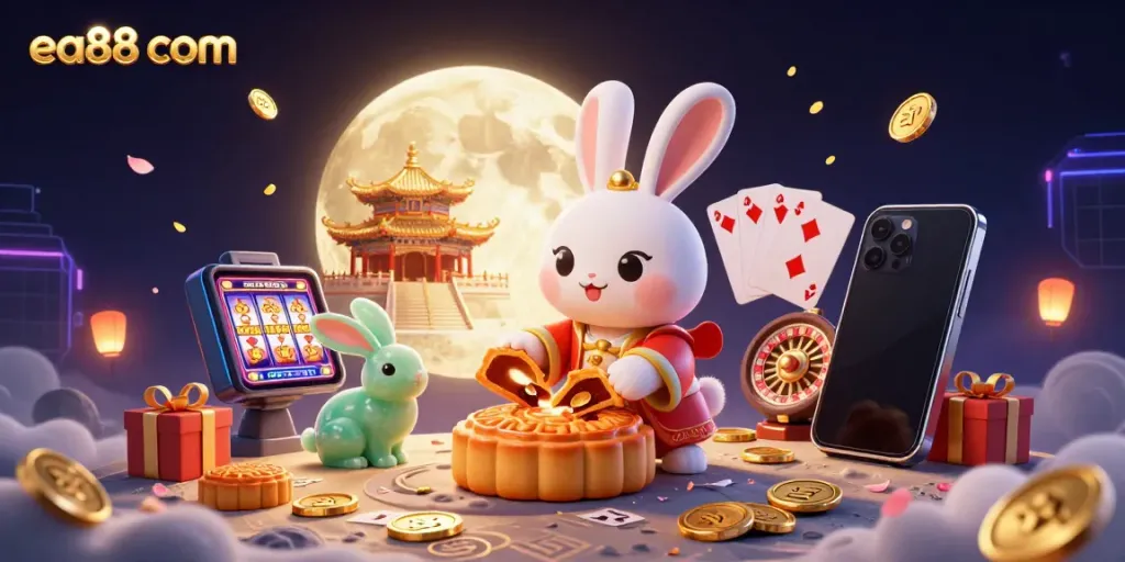 Experience excitement at ea88 com with a vibrant 3D casino scene featuring the moon rabbit and overflowing poker chips.