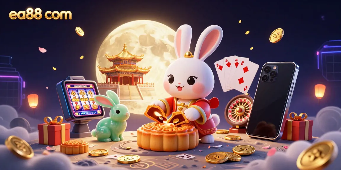 Experience excitement at ea88 com with a vibrant 3D casino scene featuring the moon rabbit and overflowing poker chips.