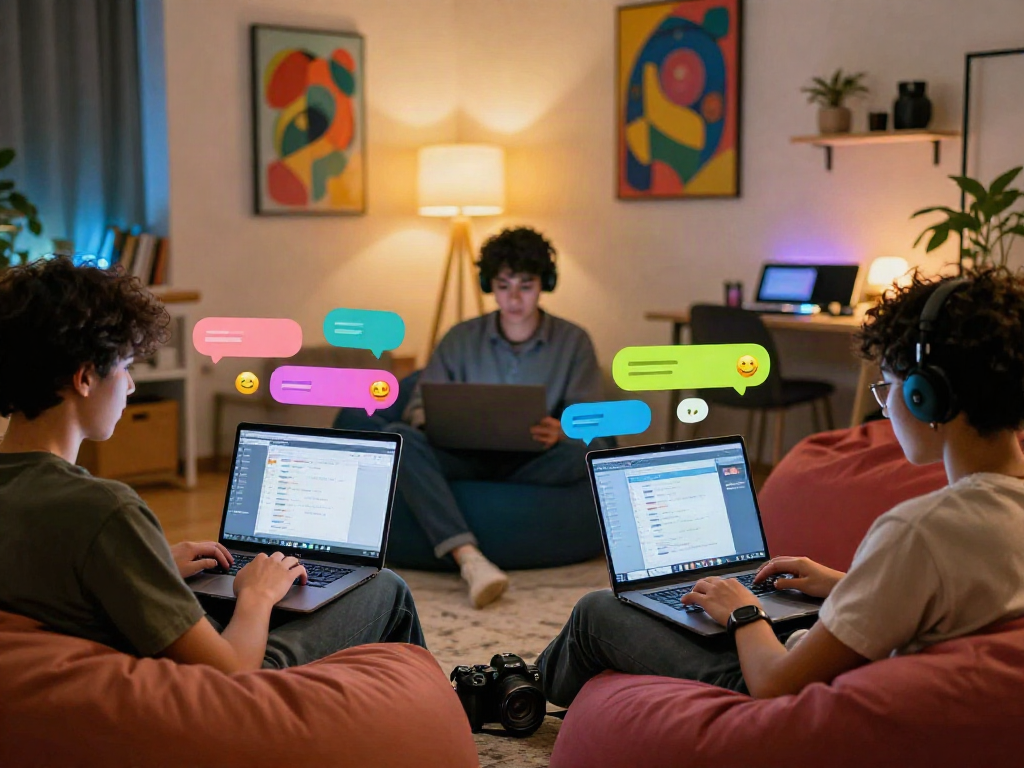 Engaged individuals in an NSFW chat environment using laptops, showcasing vibrant chat bubbles.