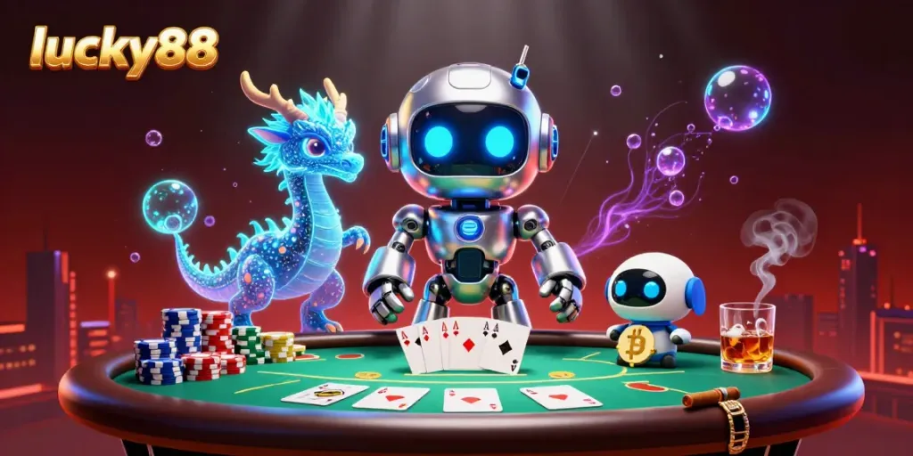 Experience the excitement at lucky88 with a vibrant 3D casino scene featuring poker action and neon visuals.