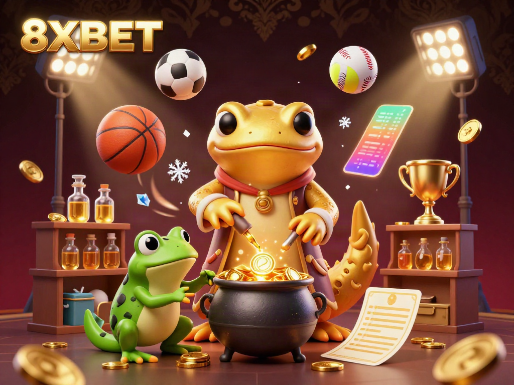 Experience the magic of 8XBET with a golden salamander alchemist and sports-themed elements in this vibrant casino scene.
