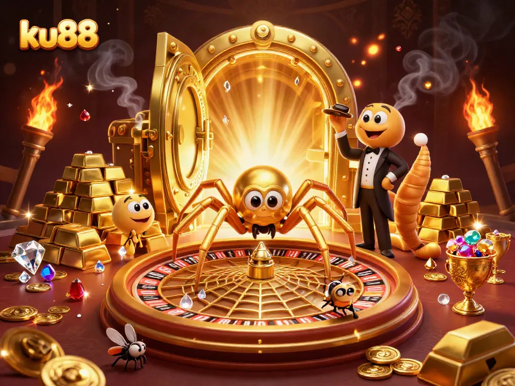 ku88's thrilling roulette scene highlights betting action amidst gold treasures and vibrant casino elements.