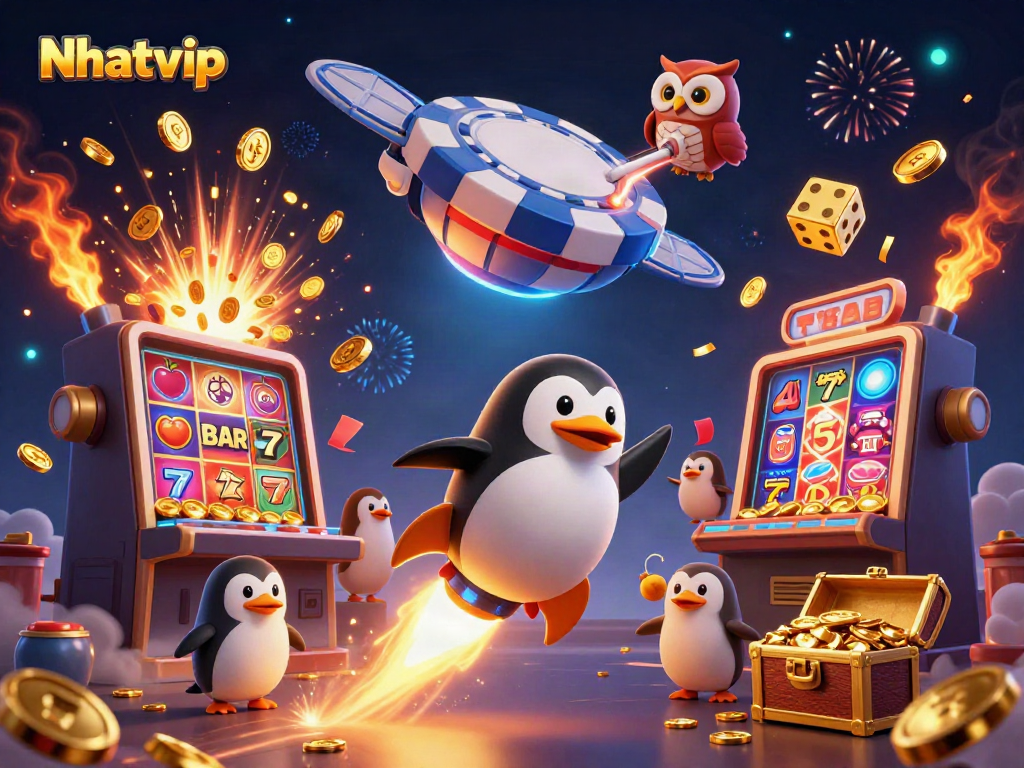 Nhatvip deluxe online casino experience with vibrant penguin and dazzling slot elements.