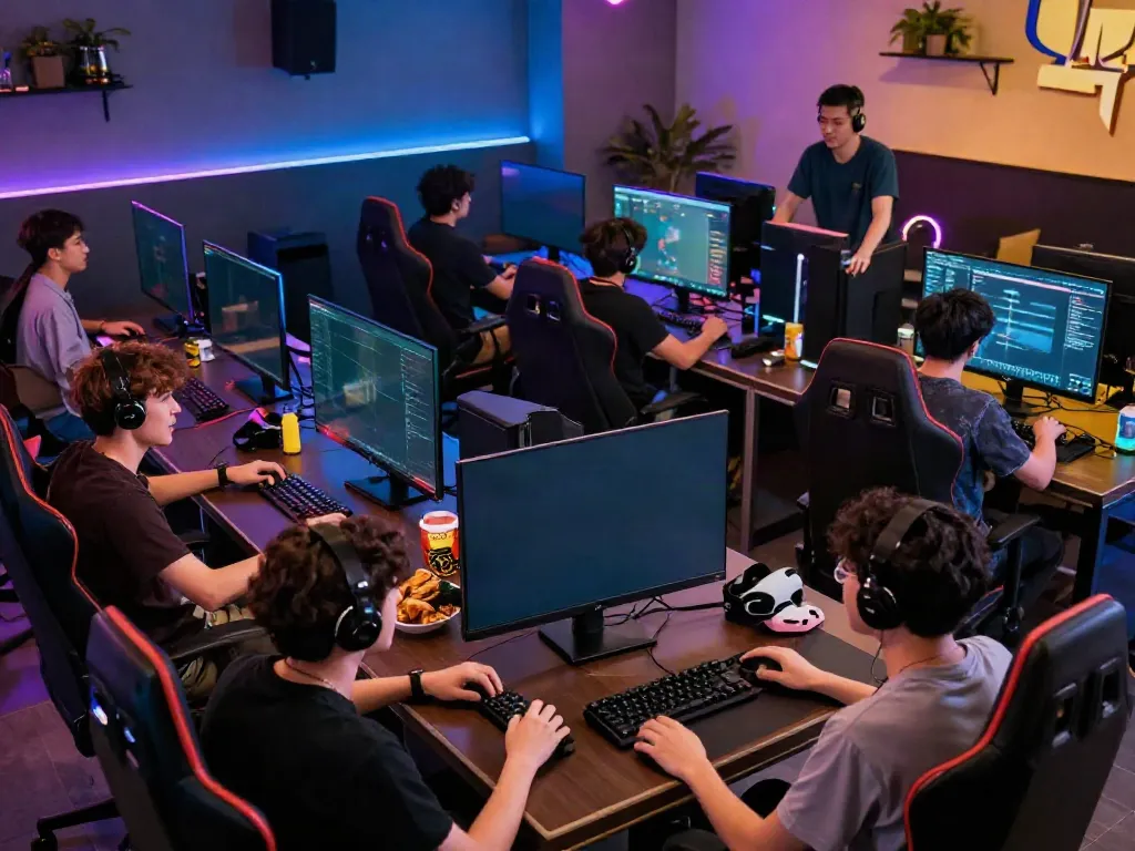 Engaged friends gaming together on kilat404 platform in a vibrant digital lounge.
