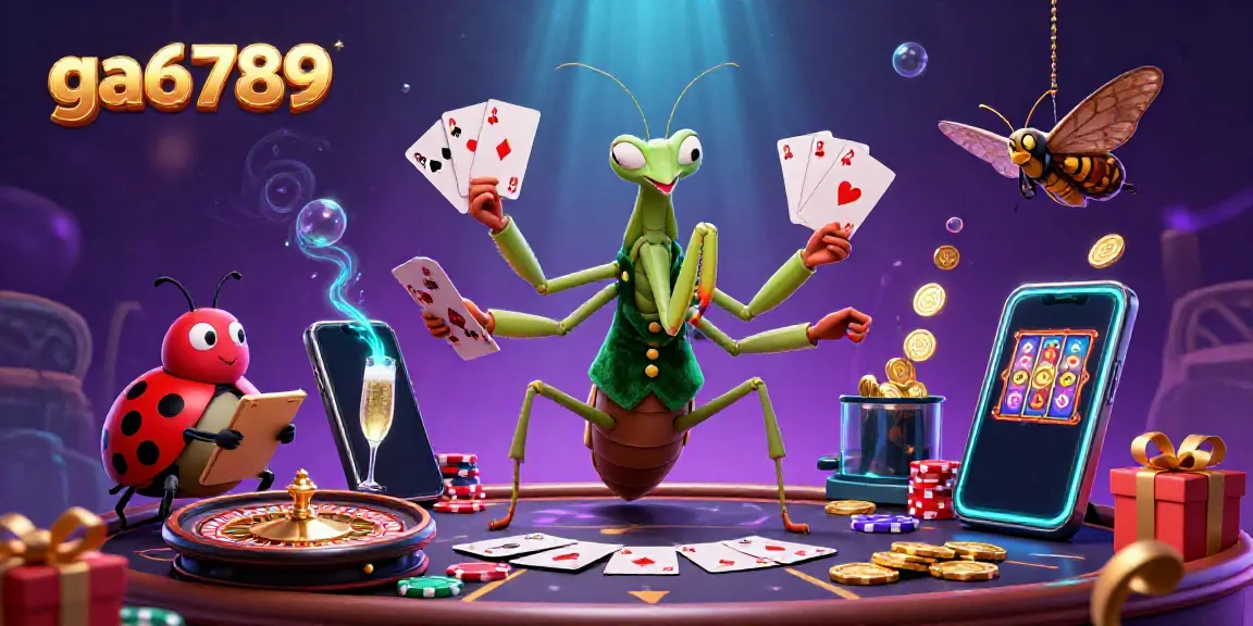 Engage with ga6789 in a vibrant online casino scene featuring a mantis dealer and a ladybug pit boss.