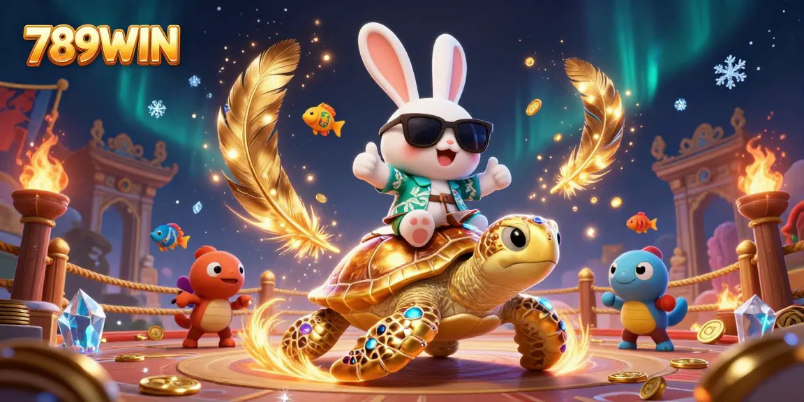 Play exciting games at 789WIN with a vibrant 3D illustration of a lucky rabbit and golden turtle.