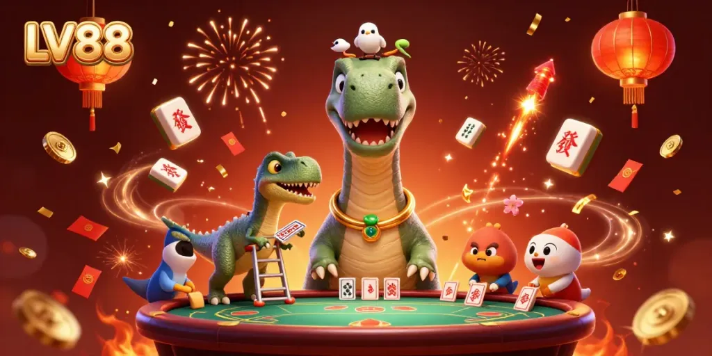 Experience thrilling gameplay at LV88 with a whimsical dinosaur dealer amidst vibrant casino elements.