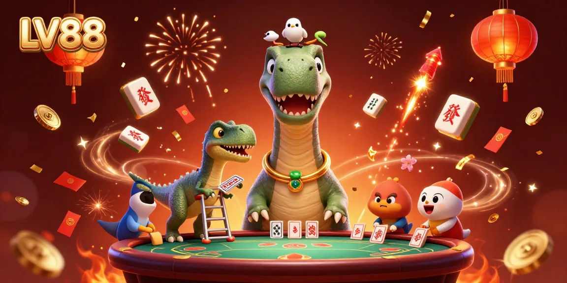 Experience thrilling gameplay at LV88 with a whimsical dinosaur dealer amidst vibrant casino elements.