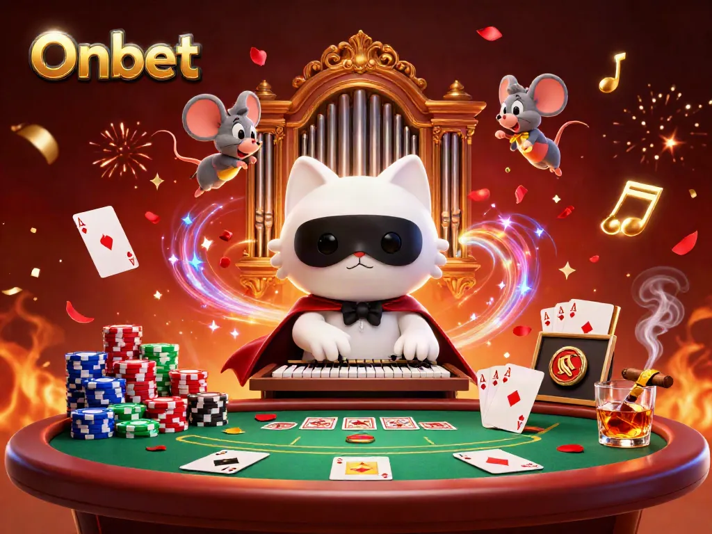 Experience Onbet's thrilling casino atmosphere with a dynamic scene featuring a masked cat playing music, poker, and confetti.
