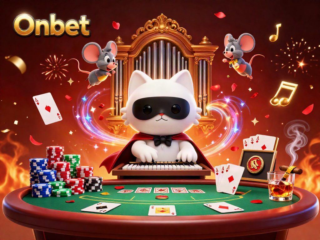 Experience Onbet's thrilling casino atmosphere with a dynamic scene featuring a masked cat playing music, poker, and confetti.