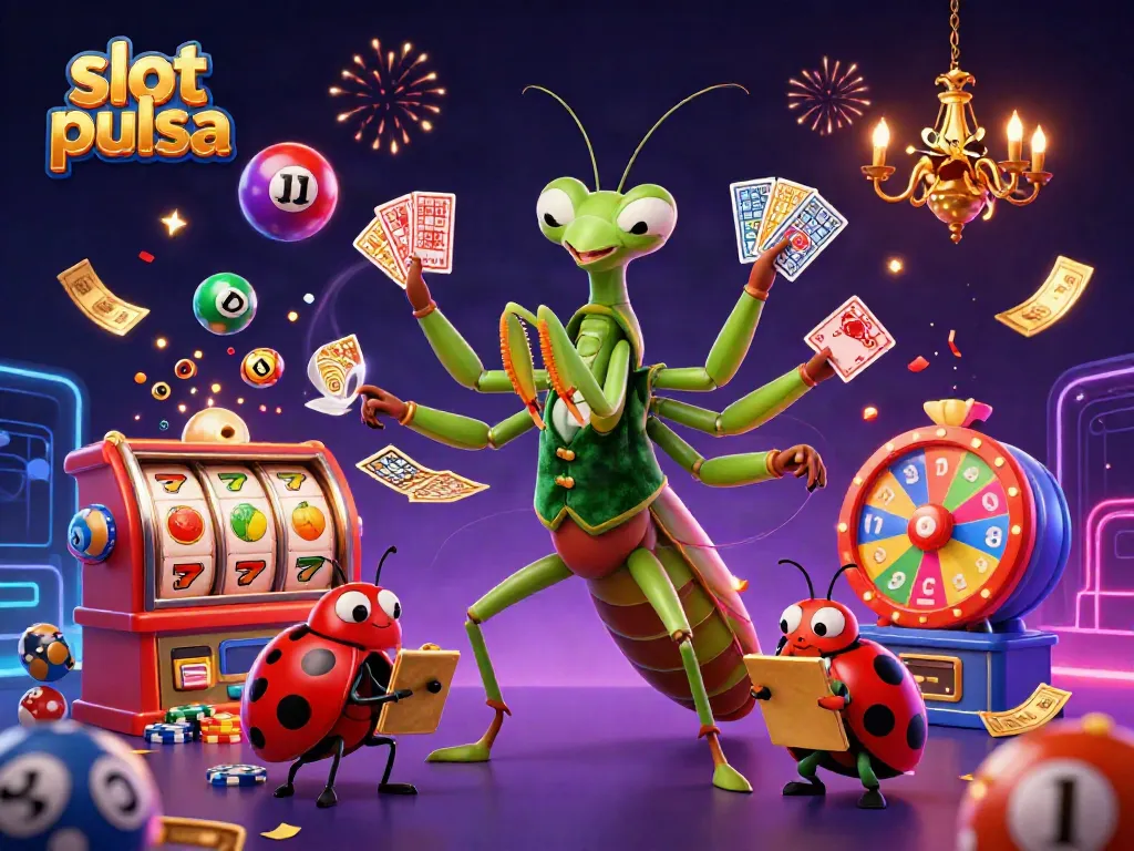 Engaging scene of characters celebrating slot pulsa wins with colorful elements and casino symbols