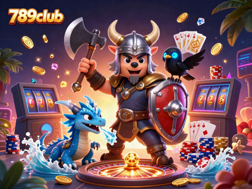 Play thrilling games at 789club with a Viking warrior, a fierce dragon, and immersive casino elements.