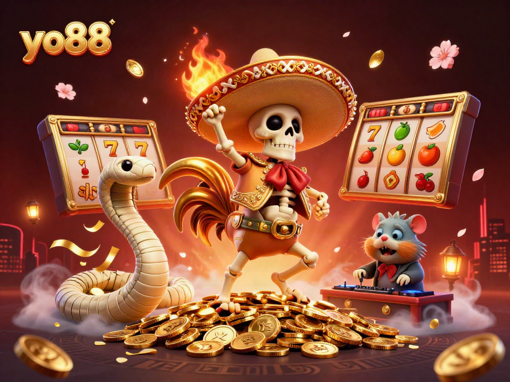 Experience the thrilling yo88 gaming action with vibrant slot reels and dynamic characters.