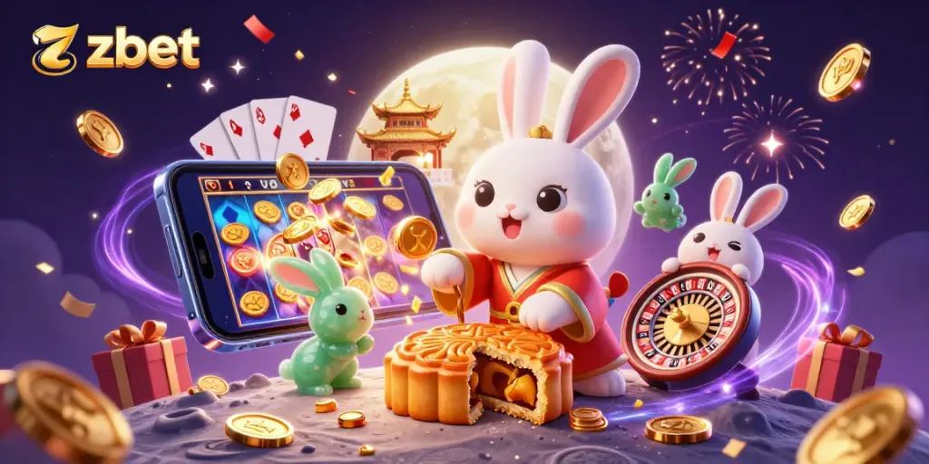 Experience the excitement of zbet with a vibrant 3D illustration of a moon rabbit engaging in casino fun.