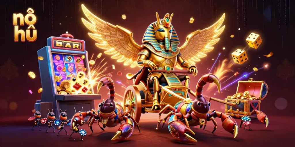 Nổ hũ illustrated scene featuring a golden scarab beetle and jackpot symbols in action.