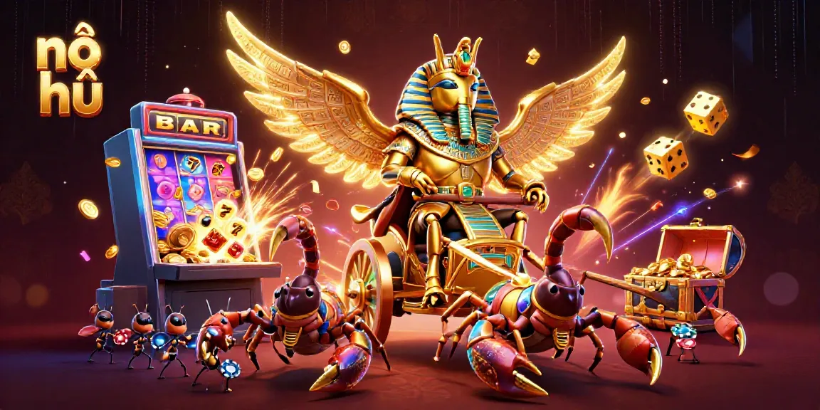 Nổ hũ illustrated scene featuring a golden scarab beetle and jackpot symbols in action.
