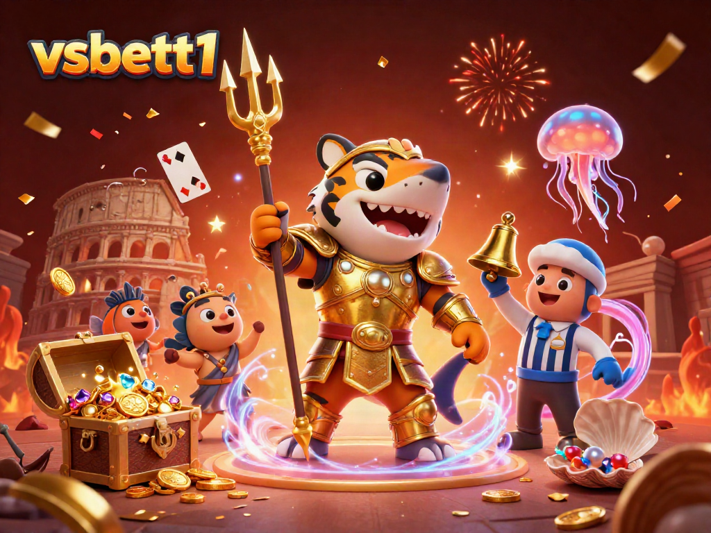 Experience the thrilling underwater gambling action at vsbett1 with an epic scene featuring a gladiator shark and gold treasures.