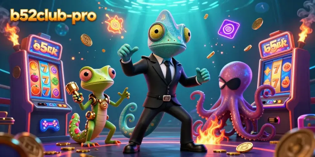 Engage with vibrant casino gaming at b52club-pro featuring dynamic characters and colorful slot machines.