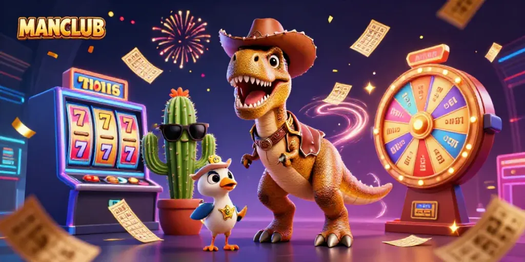 Engage in excitement at MANCLUB with a colorful casino-themed scene featuring a T-Rex and vibrant game elements.