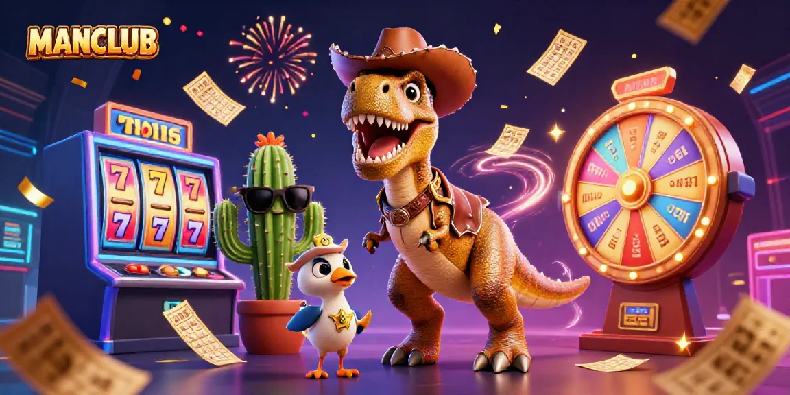 Engage in excitement at MANCLUB with a colorful casino-themed scene featuring a T-Rex and vibrant game elements.