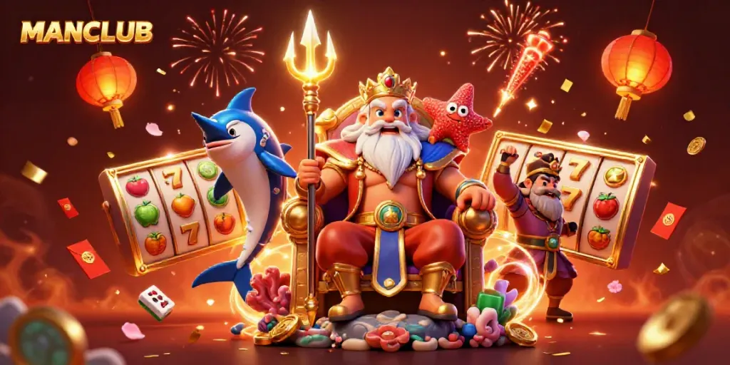 Join the thrilling world of MANCLUB in this vibrant casino illustration featuring dynamic slot games.