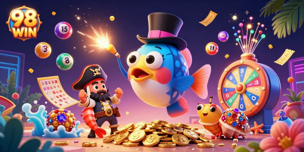 Engage in thrilling gaming adventures with 98 WIN through our vibrant casino-themed illustration.