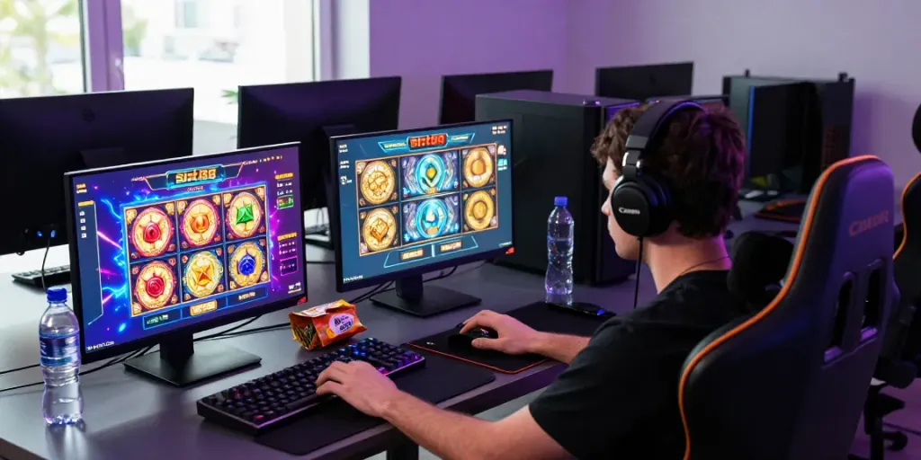 A player immersed in an engaging slot88 gaming experience with high-tech setup.