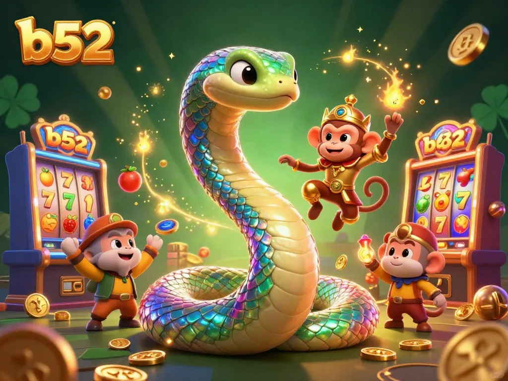 Engage with the vibrant b52 slot scene featuring a magical serpent and playful monkey in action.